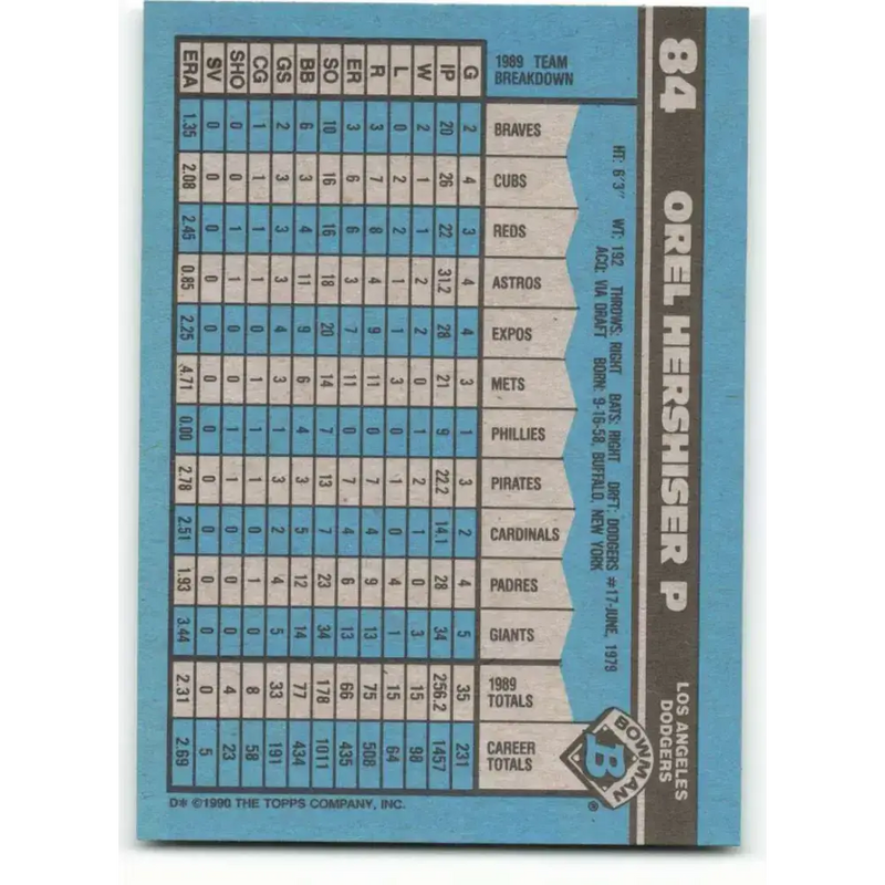 1990 Bowman #84 Orel Hershiser NM-MT Los Angeles Dodgers Baseball Card - Baseball Card Single