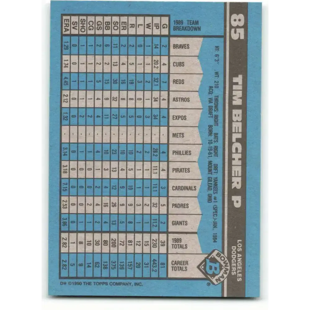 1990 Bowman #85 Tim Belcher NM-MT Los Angeles Dodgers Baseball Card - Baseball Card Single