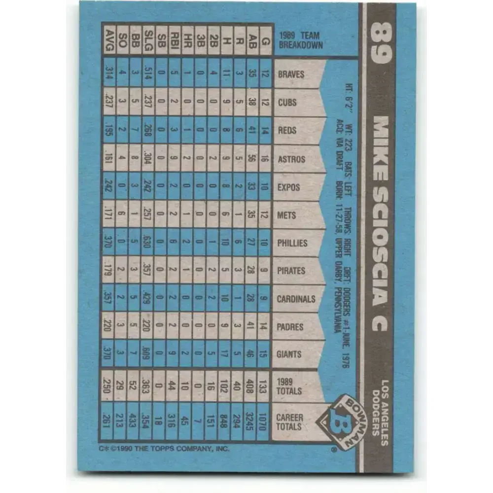 1990 Bowman #89 Mike Scioscia NM-MT Los Angeles Dodgers Baseball Card - Baseball Card Single