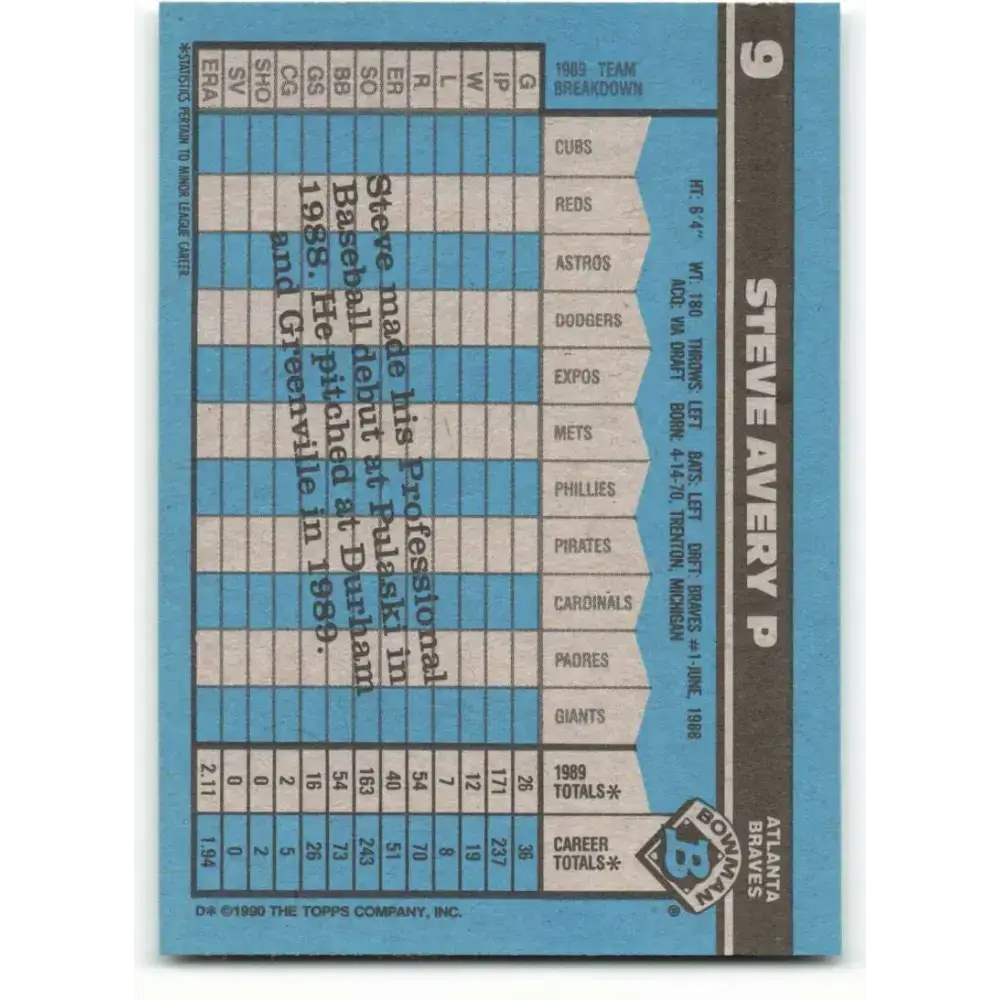 1990 Bowman #9 Steve Avery NM-MT Atlanta Braves Baseball Card