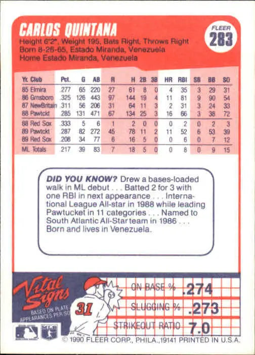 1990 Carlos Quintana Fleer Baseball Card #283