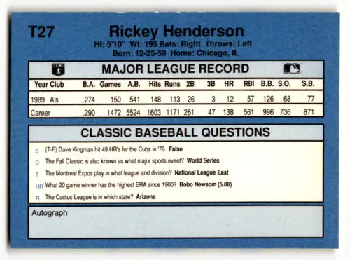 1990 Classic Yellow #27 Rickey Henderson EX/NM Athletics ID:63920 - Baseball Card Single
