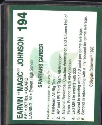 1990 Collegiate Collection Michigan State Spartans #194 Earvin ’Magic’ Johnson - Basketball Card Single