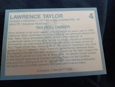 1990 Collegiate Collection NC Tar Heels - Lawrence Taylor #4. NRMT+ - Football Card Single