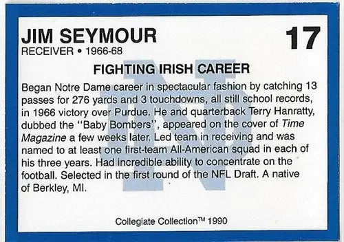 Original gloss Jim Seymour Notre Dame football card from 1990 Collegiate Collection