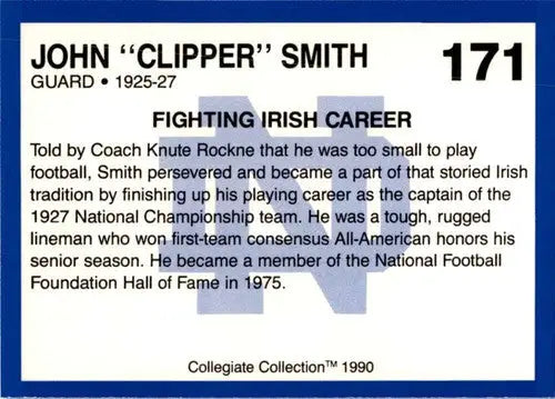 Football card of John Clipper Smith from the Collegiate Collection Notre Dame series