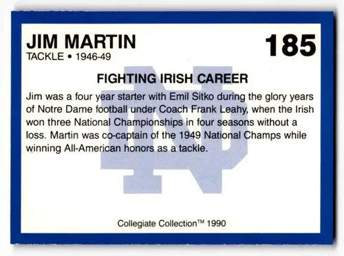 Vintage football trading card from the 1990 Collegiate Collection Notre Dame featuring Jim Martin