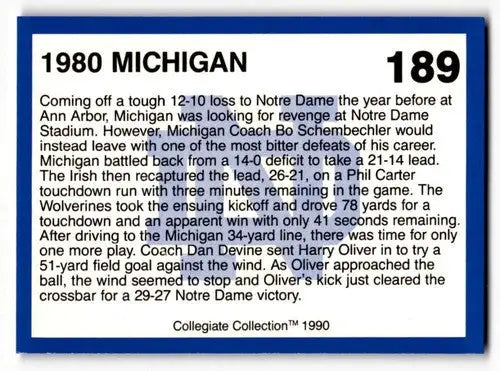 Original gloss 1990 Collegiate Collection Notre Dame football card featuring 1980 Michigan