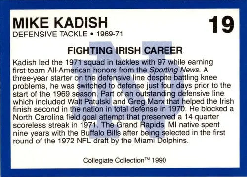 Original gloss Notre Dame Mike Kadish football card from the 1990 Collegiate Collection