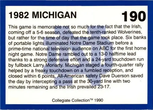 Original gloss Football Card from Collegiate Collection featuring Notre Dame team