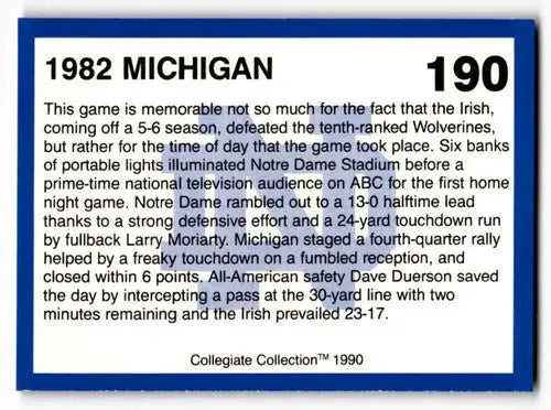 Original gloss collectible card of Notre Dame from 1982 Michigan game in Collegiate Collection