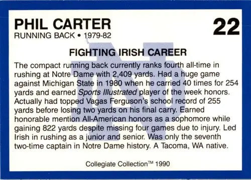 Original gloss football card of Phil Carter from 1990 Collegiate Collection Notre Dame