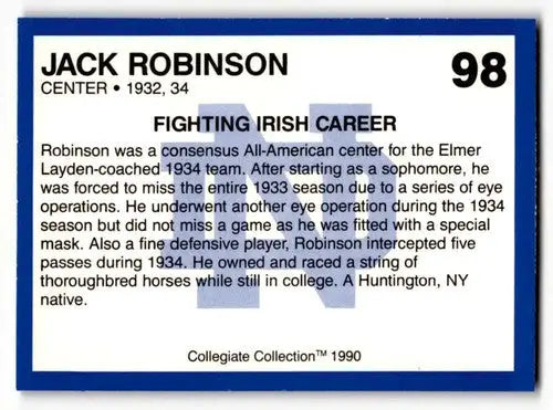 Vintage Jack Robinson football trading card from 1990 Collegiate Collection Notre Dame