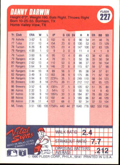 1990 Danny Darwin Fleer Baseball Card #227 - Baseball Card Single
