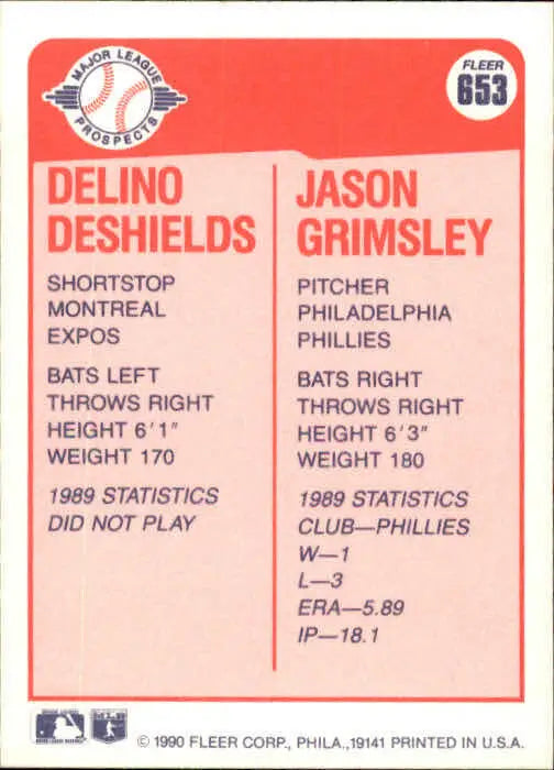 1990 Delino DeShields / Jason Grimsley Fleer Baseball Card #653