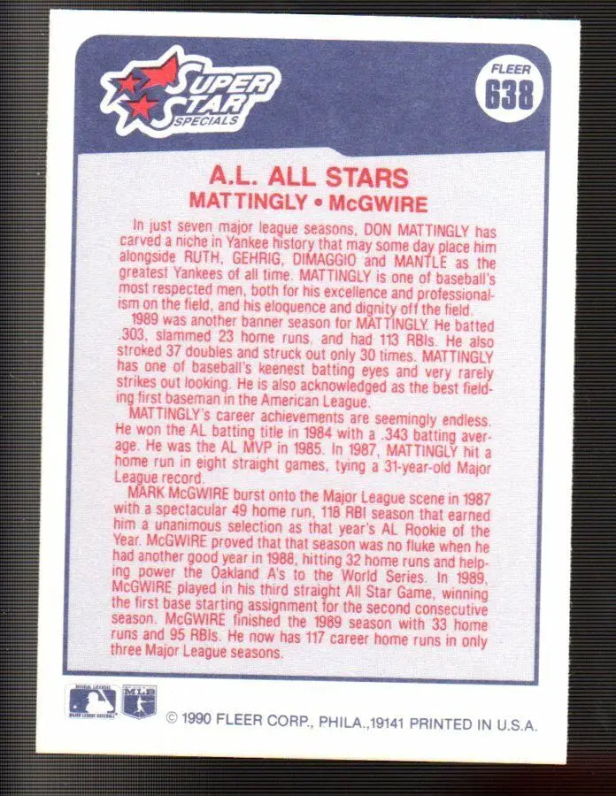 1990 Don Mattingly / Mark McGwire Fleer Baseball Card #638