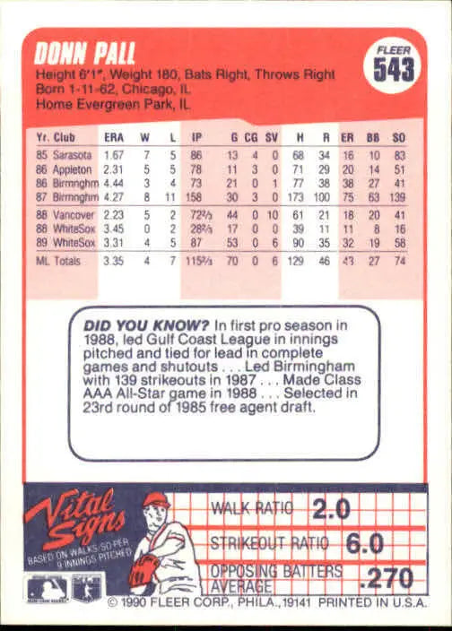 1990 Donn Pall UER Fleer Baseball Card #543