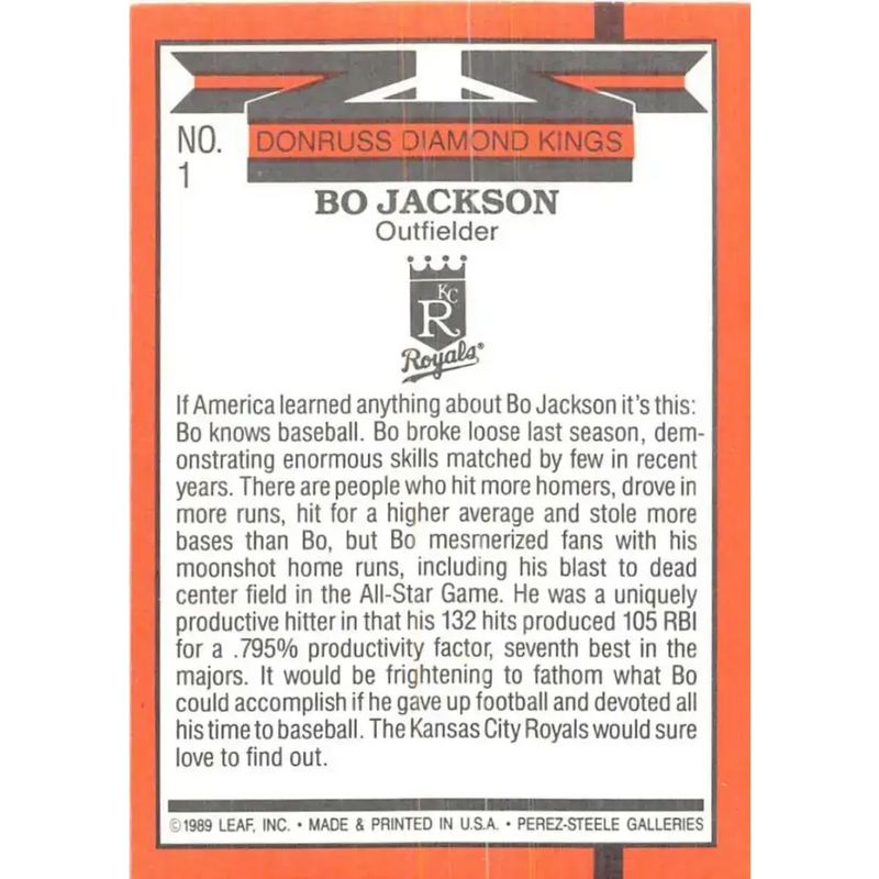 1990 Donruss #1 Bo Jackson DK VG-EX Kansas City Royals Baseball Card - Baseball Card Single