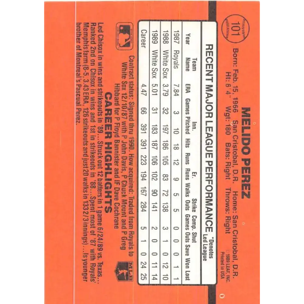 1990 Donruss #101 Melido Perez VG-EX Chicago White Sox Baseball Card - Baseball Card Single