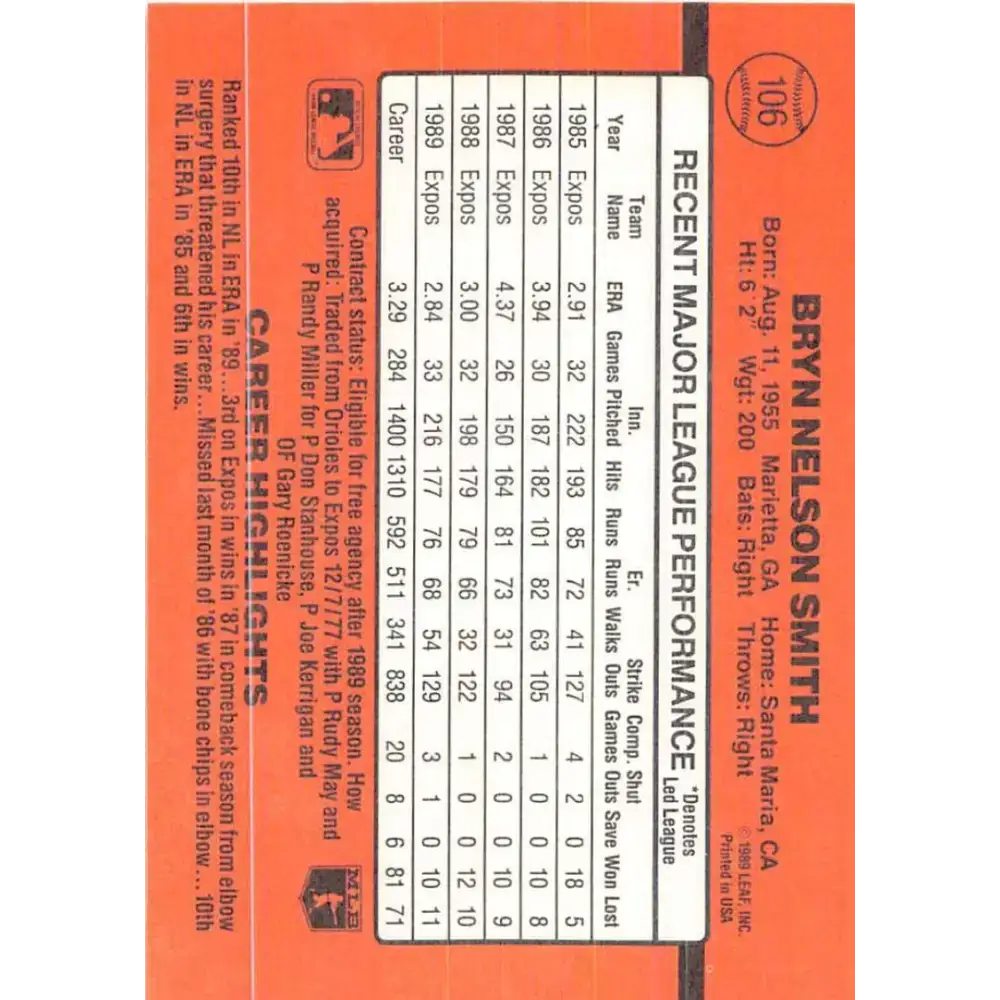 1990 Donruss #106 Bryn Smith VG-EX Montreal Expos Baseball Card - Baseball Card Single