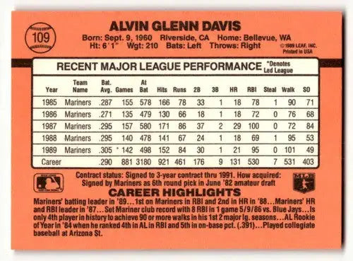 Alvin Davis Seattle Mariners baseball card from 1990 Donruss series