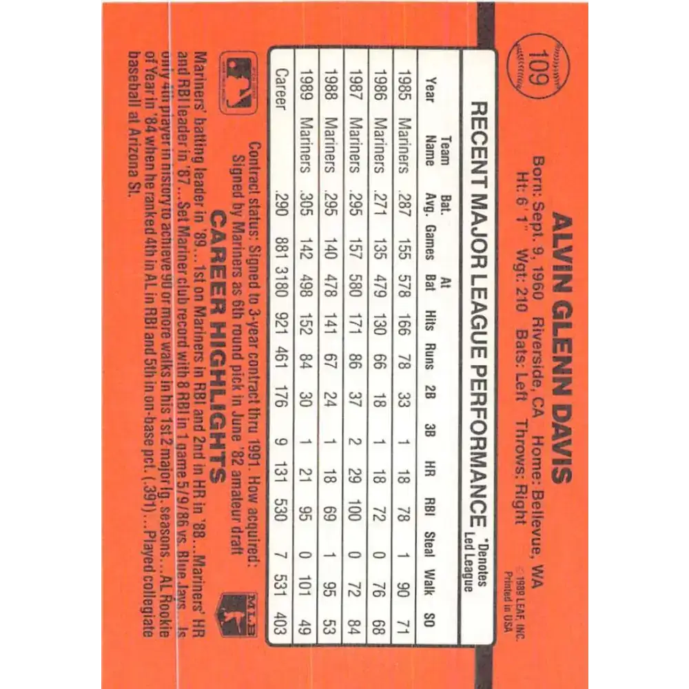 1990 Donruss #109 Alvin Davis VG-EX Seattle Mariners Baseball Card - Baseball Card Single