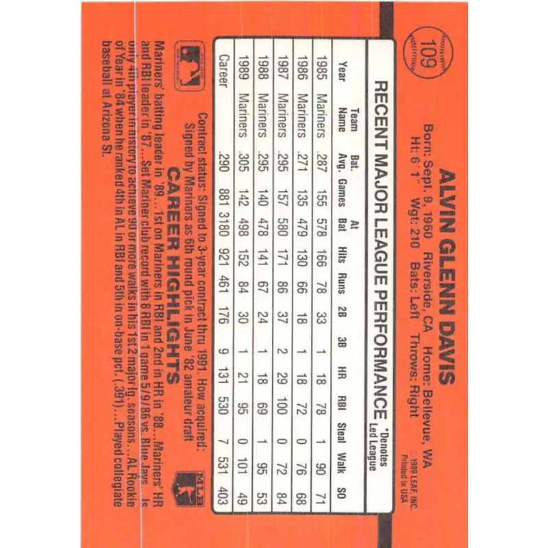 1990 Donruss #109 Alvin Davis VG-EX Seattle Mariners Baseball Card - Baseball Card Single