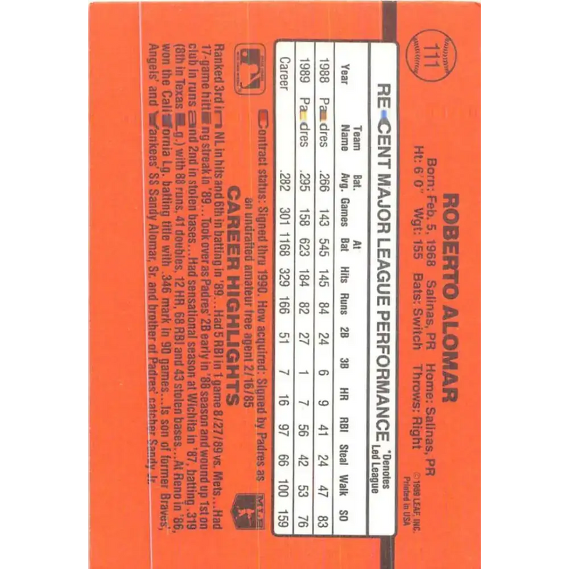 1990 Donruss #111 Roberto Alomar VG-EX San Diego Padres Baseball Card - Baseball Card Single