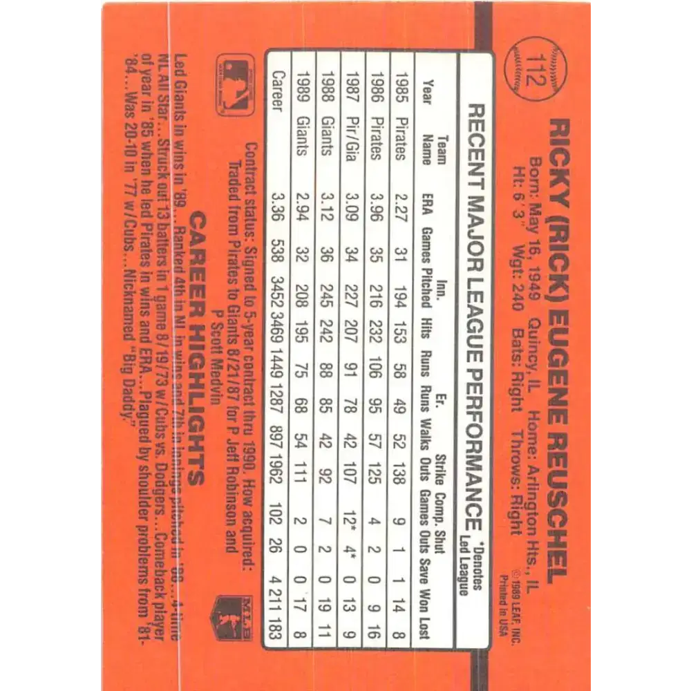 1990 Donruss #112 Rick Reuschel VG-EX San Francisco Giants Baseball Card - Baseball Card Single