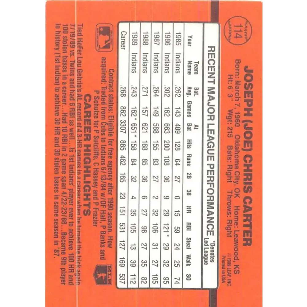 1990 Donruss #114 Joe Carter VG-EX Cleveland Indians Baseball Card - Baseball Card Single
