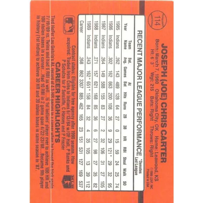 1990 Donruss #114 Joe Carter VG-EX Cleveland Indians Baseball Card - Baseball Card Single