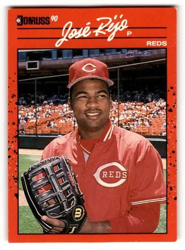 Original gloss 1990 Donruss Jose Rijo Cincinnati Reds baseball card showing Rijo Cincinnati Reds player
