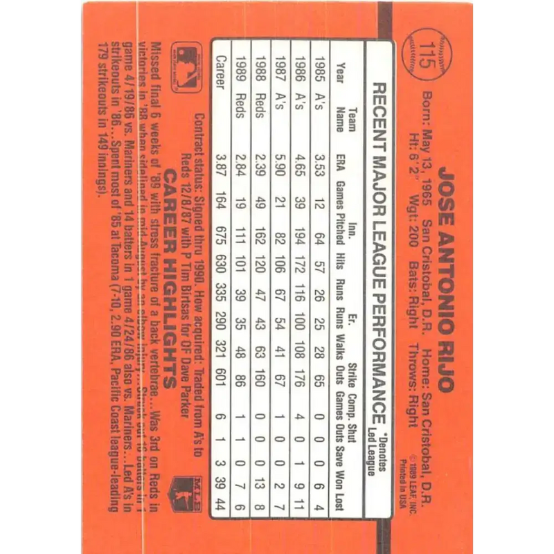 1990 Donruss #115 Jose Rijo VG-EX Cincinnati Reds Baseball Card - Baseball Card Single