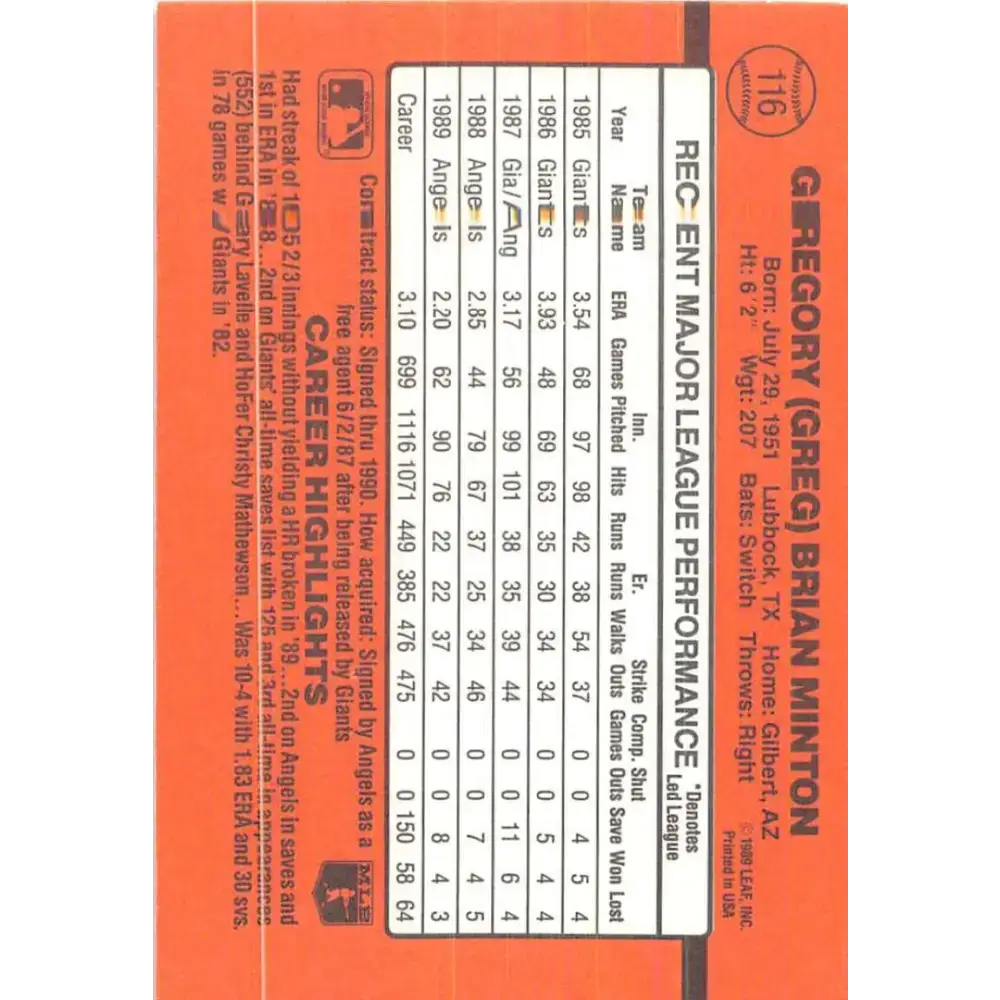 1990 Donruss #116 Greg Minton VG-EX California Angels Baseball Card - Baseball Card Single