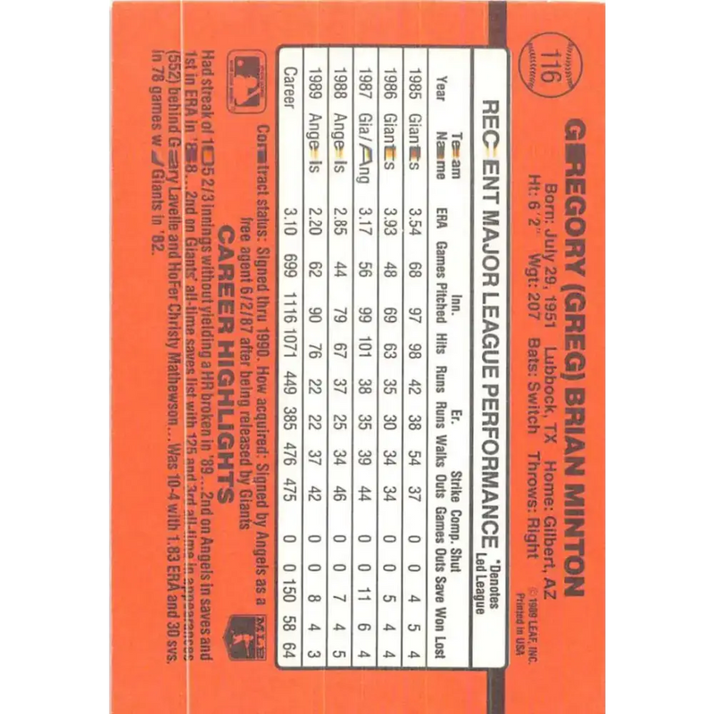 1990 Donruss #116 Greg Minton VG-EX California Angels Baseball Card - Baseball Card Single