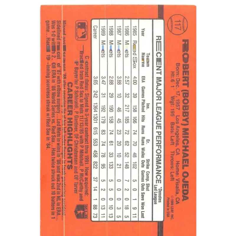 1990 Donruss #117 Bob Ojeda VG-EX New York Mets Baseball Card - Baseball Card Single