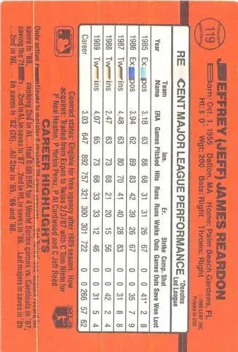 1990 Donruss #119 Jeff Reardon NM-MT Twins - Baseball Card Single