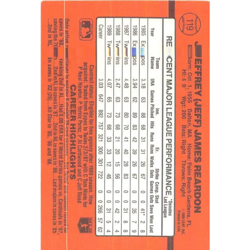 1990 Donruss #119 Jeff Reardon VG-EX Minnesota Twins Baseball Card - Baseball Card Single
