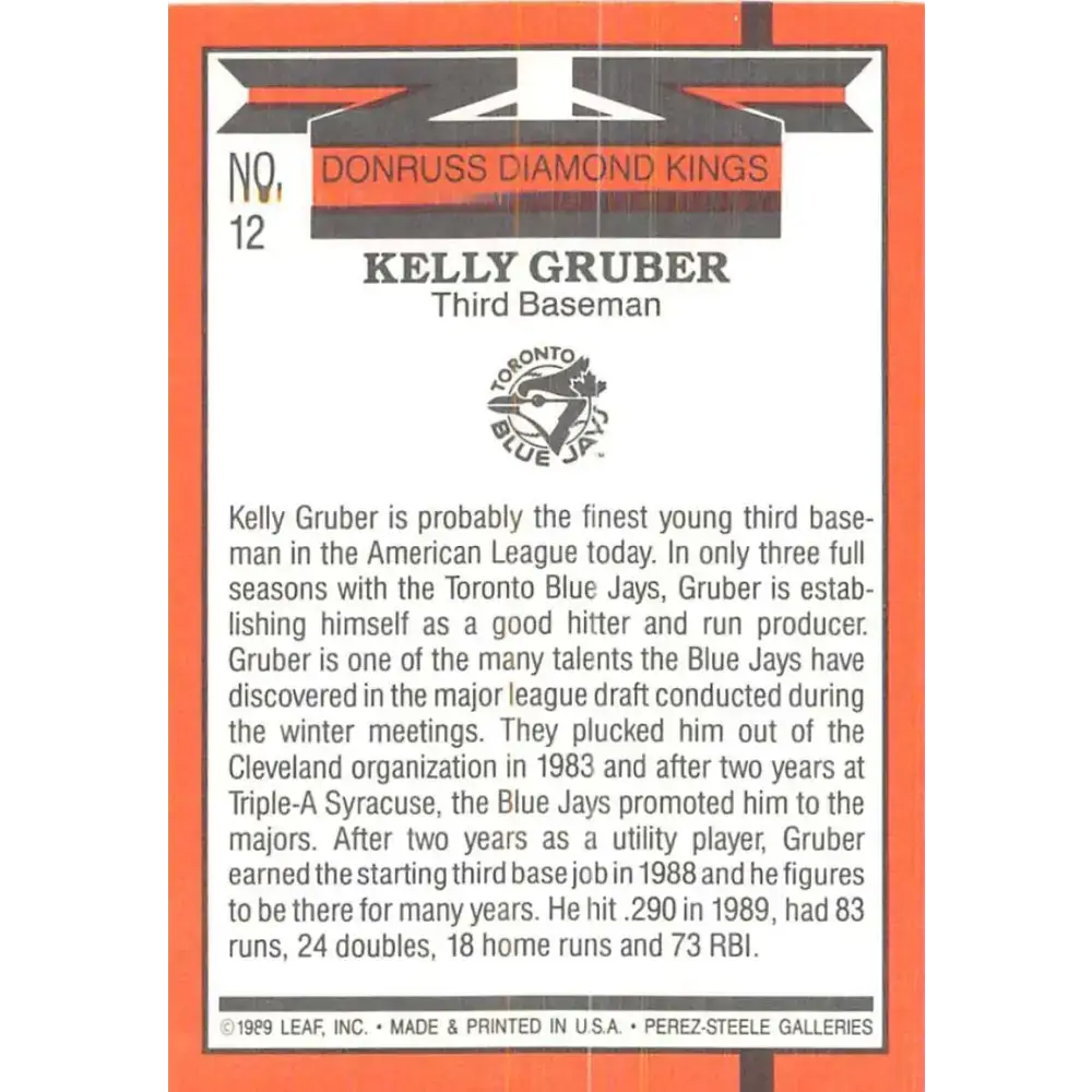 1990 Donruss #12 Kelly Gruber DK VG-EX Toronto Blue Jays Baseball Card - Baseball Card Single