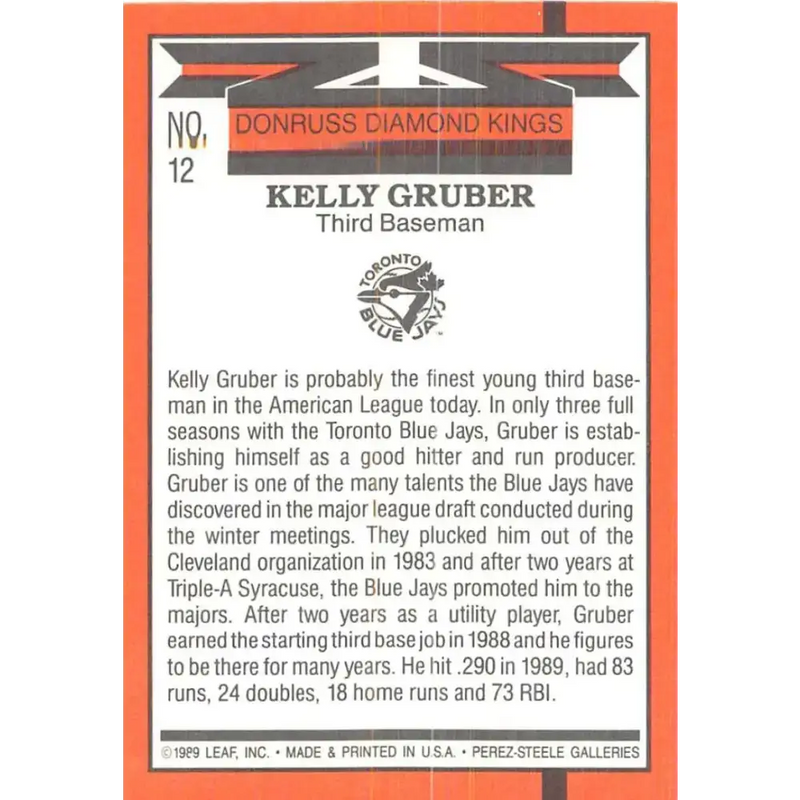 1990 Donruss #12 Kelly Gruber DK VG-EX Toronto Blue Jays Baseball Card - Baseball Card Single