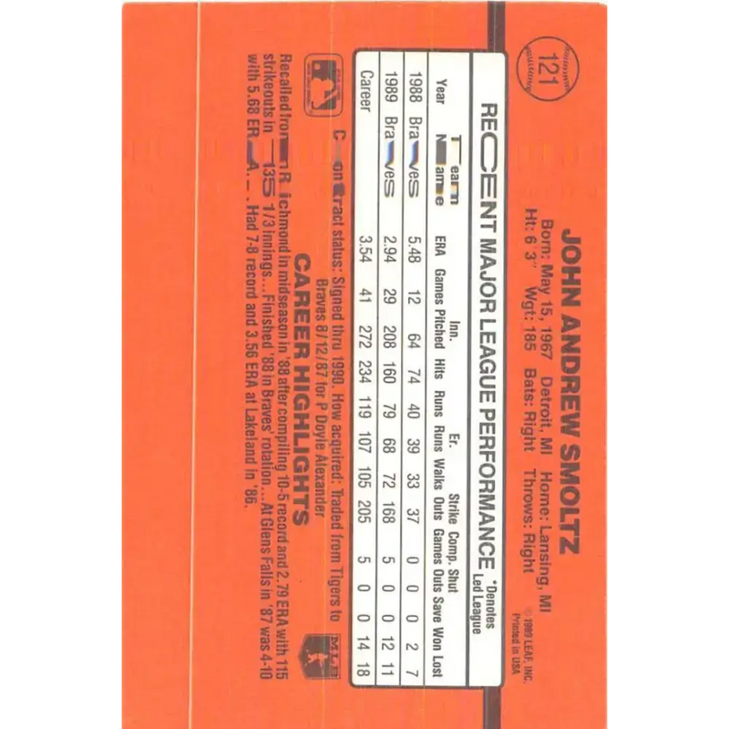 1990 Donruss #121 John Smoltz VG-EX Atlanta Braves Baseball Card - Baseball Card Single