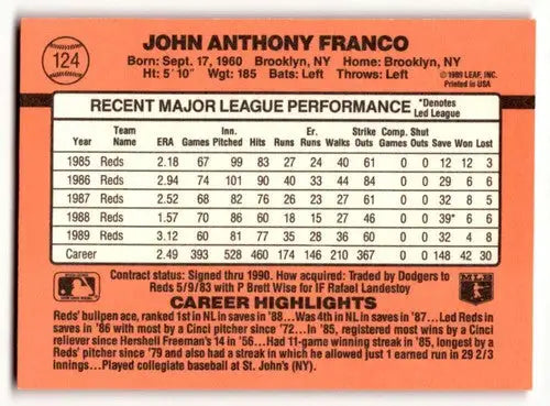 1990 Donruss #124 John Franco Cincinnati Reds Baseball Cards EX/NM ID:54651 - Baseball Card Single