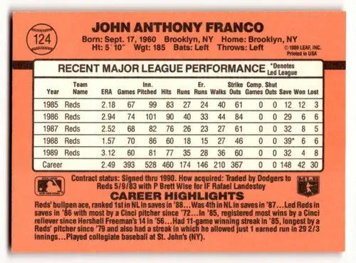 1990 Donruss #124 John Franco Cincinnati Reds Baseball Cards EX/NM ID:54635 - Baseball Card Single