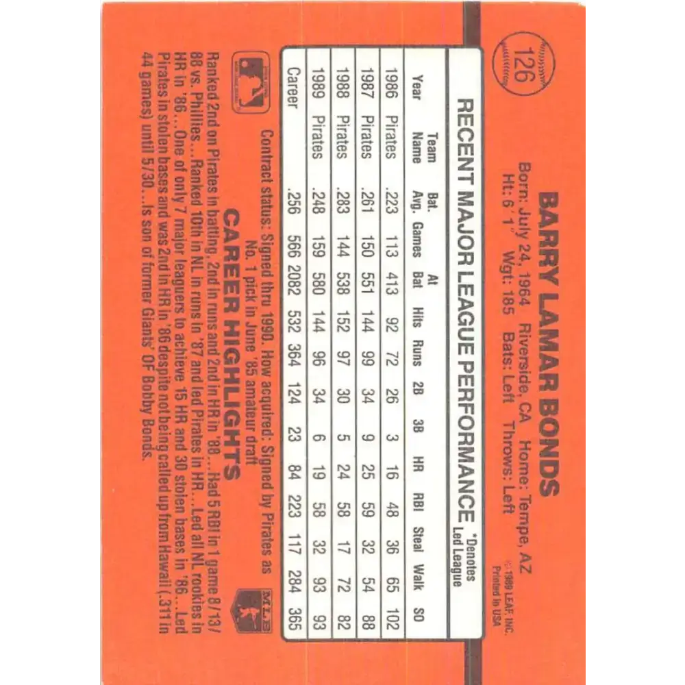 1990 Donruss #126 Barry Bonds VG-EX Pittsburgh Pirates Baseball Card - Baseball Card Single