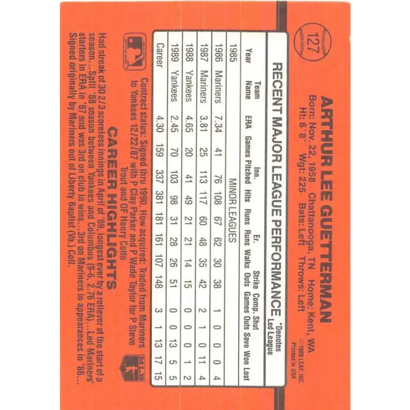 1990 Donruss #127 Lee Guetterman VG-EX New York Yankees Baseball Card - Baseball Card Single