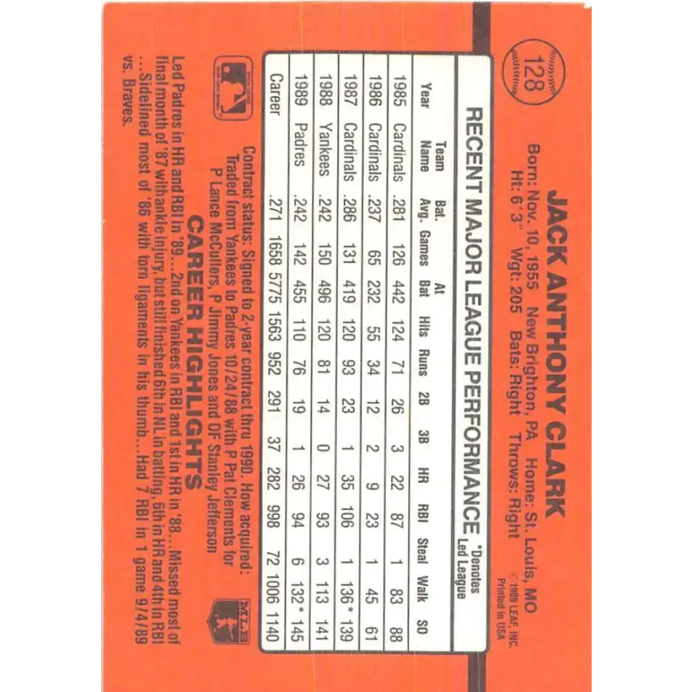 1990 Donruss #128 Jack Clark VG-EX San Diego Padres Baseball Card - Baseball Card Single