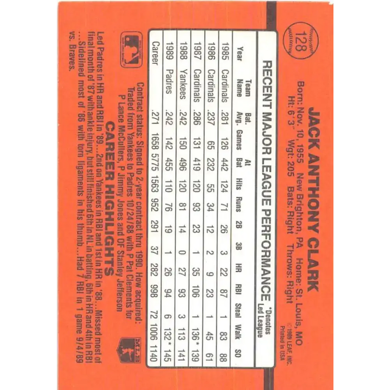 1990 Donruss #128 Jack Clark VG-EX San Diego Padres Baseball Card - Baseball Card Single