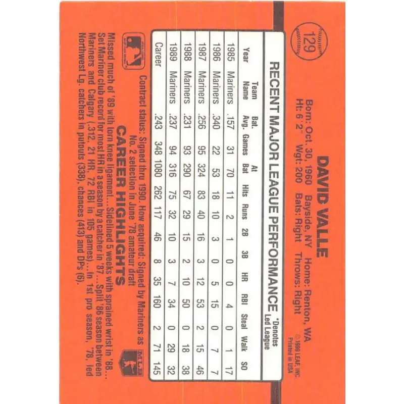 1990 Donruss #129 Dave Valle VG-EX Seattle Mariners Baseball Card - Baseball Card Single
