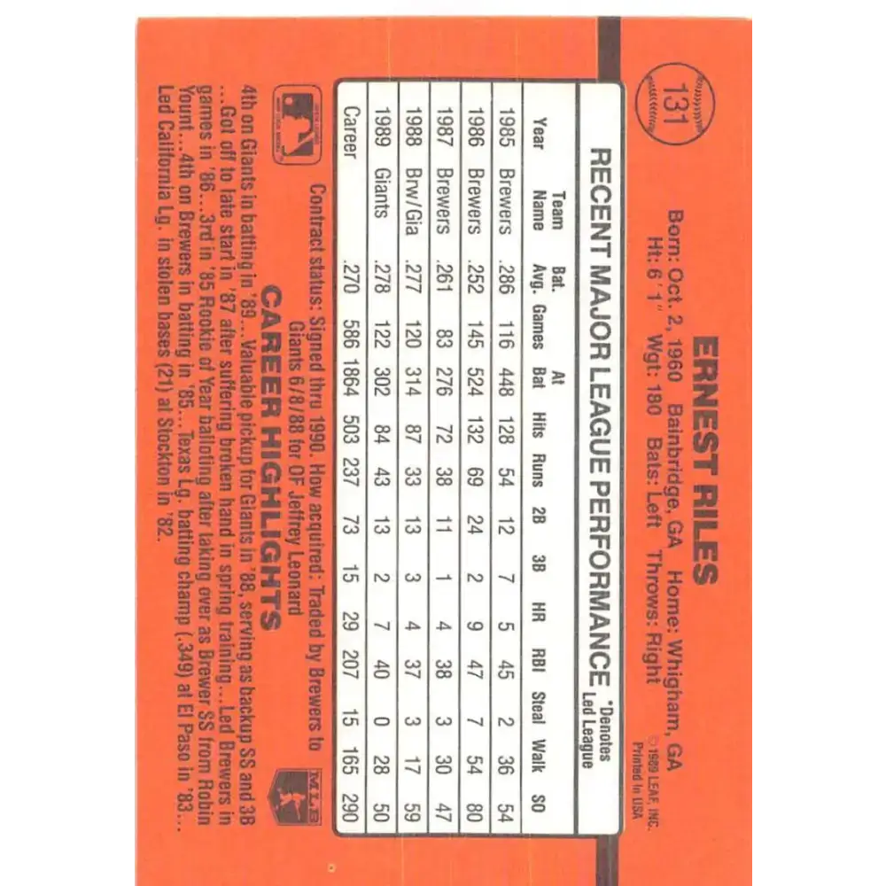 1990 Donruss #131 Ernest Riles VG-EX San Francisco Giants Baseball Card - Baseball Card Single