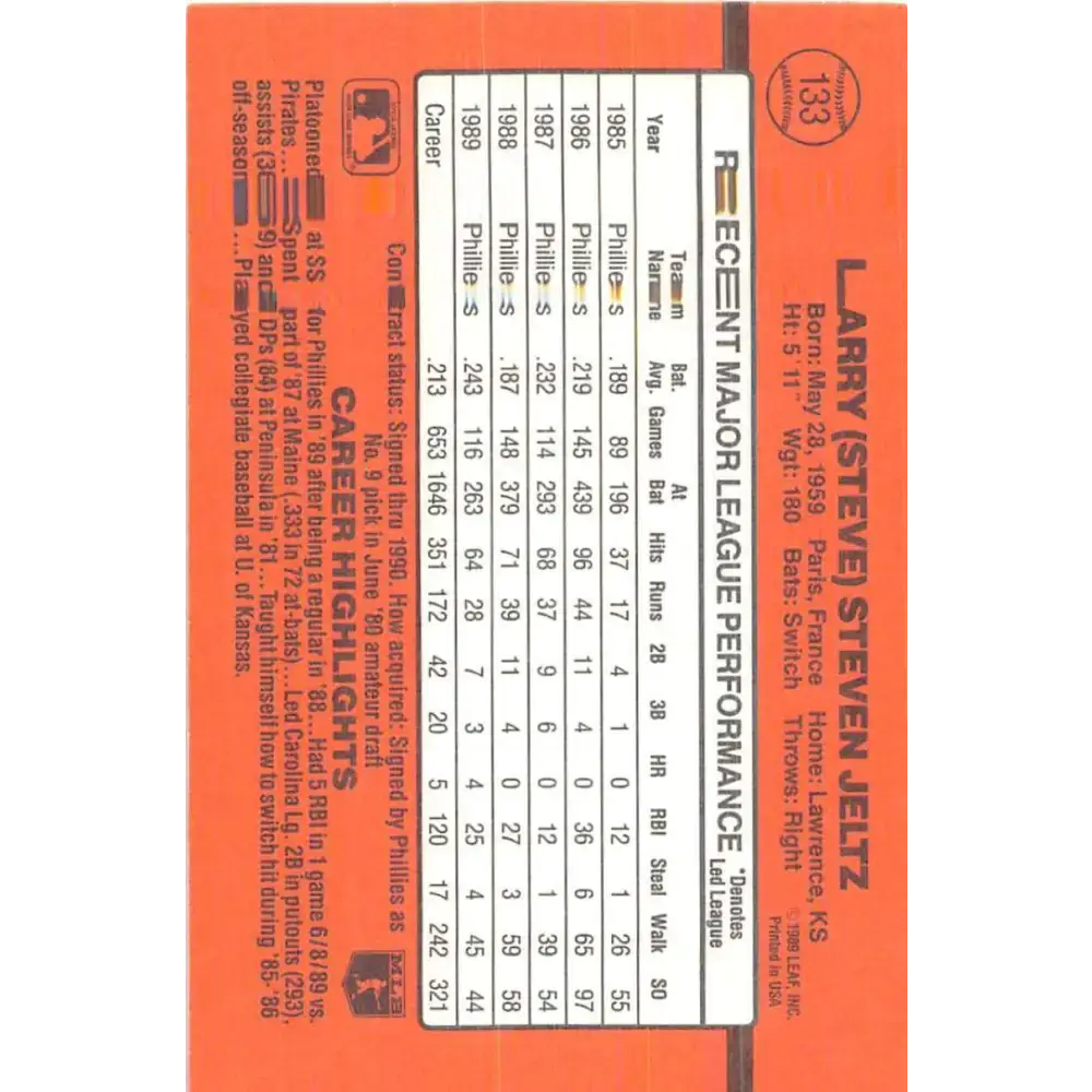 1990 Donruss #133 Steve Jeltz VG-EX Philadelphia Phillies Baseball Card - Baseball Card Single